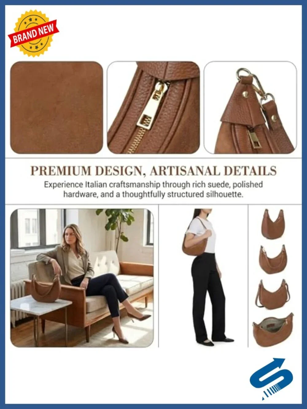 Genuine Leather Crescent Hobo Bag Crossbody Purse Made in Italy with 2 Straps